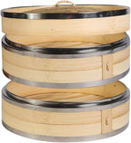 2-Tier Kitchen Bamboo Steamer with Stainless Steel Rings for Asian Cooking | Sauce Dish & 2-Chopsticks | Buns Dumplings Vegetables Fish Rice