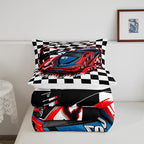 Erosebridal Racing Car Comforter Set, Dirt Bike Down Comforter,Cartoon Race Car Competition Extreme Sports Game Duvet Set for Kids Boys Teens Men, Red Automobile Quilted Duvet Decor 3 Pcs Queen Size