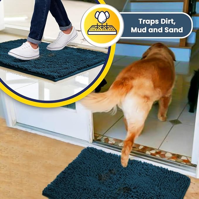 Muddy Mat® Original Dog Door Mat for Muddy Paws, Super Absorbent Microfiber, Non-Slip Washable Pet Rug, Quick Dry Chenille Entryway Carpet, Machine Washable Indoor Outdoor mat, Atlantic Blue 24"x96"