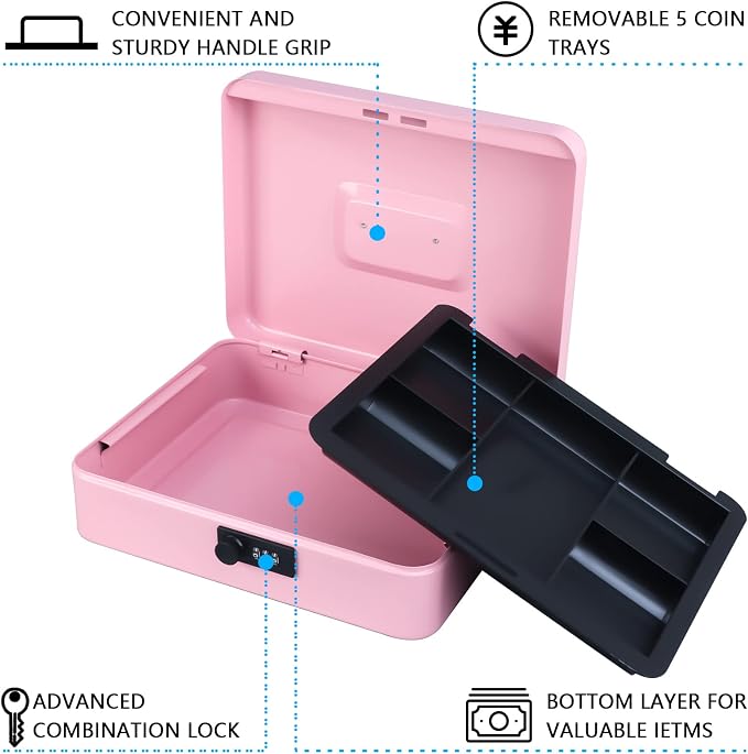 KYODOLED Metal Cash Box with Combination Lock Money Box for Cash Safe Metal Box with Money Tray for Security Lock Box 11.81"x 9.45"x 3.54" Pink X Large