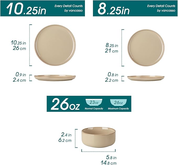 vancasso PLAYA Ceramic Plates and Bowls Sets, 18 Pieces Brown Dinnerware Sets for Kitchen, Reactive Glaze Dishes Set for 6, Dishwasher and Microwave Safe