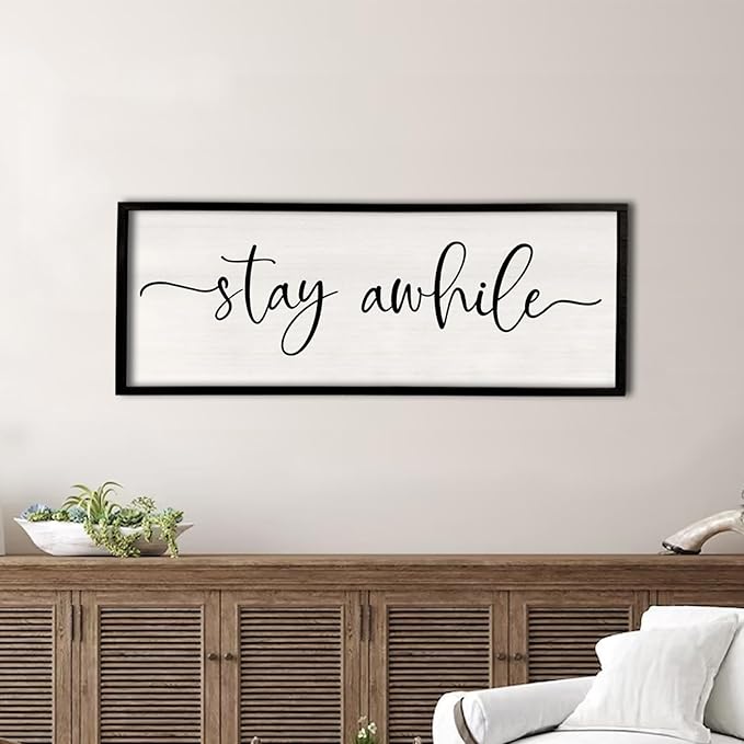 Stay Awhile Sign Wall Decor 32"X12" Large Solid Wood Frame For Hallway Living Room Entryway Farmhouse Wall Art Lets Stay Family Home Rustic Hanging Decoration (Black)