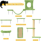 6-in-1 Cat Wall Shelves, Wall Mounted Cat Climber with Condo House, Scratching Post, Bridge Ladder, Space-Saving Indoor Play Furniture for Kittens, Green