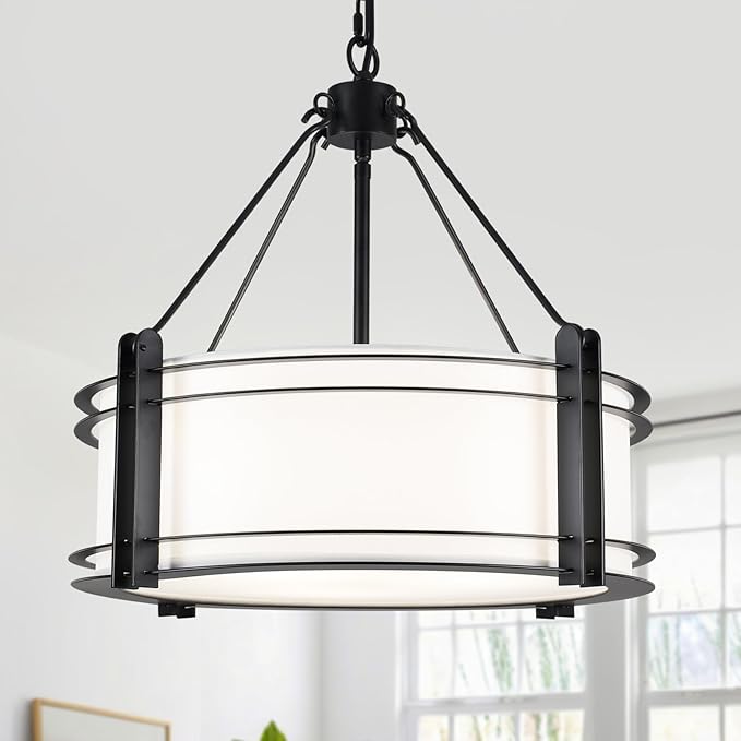 16.3''Black Drum Chandelier 3-Light Modern Farmhouse Chandelier with White Fabric Shade Adjustable Drum Pendant Light Fixture for Dining Room Kitchen Island Hallway Living Bedroom