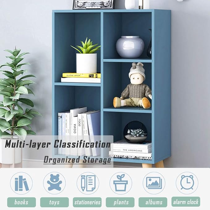 IOTXY Wooden Open Shelf Bookcase - 3-Tier Floor Standing Display Cabinet Rack with Legs, 5 Cubes Bookshelf, Bright Blue