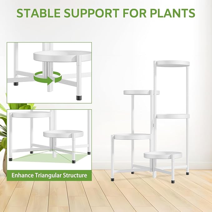 iDavosic.ly 5 Tier Large Plant Stand Indoor with 10 Inch Wide Tray, Tiered Corner Metal Outdoor Flower Display Holder Shelf, Folding Tall Rack for Patio Porch Living Room, White