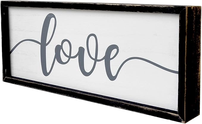 Love Framed Rustic Freestanding Sign Home Decor for Living Room Bedroom - Love Wall Art in Solid Wood Thick Black Frame 12x5 Inches for Couples