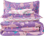 5 Piece Girls Cat Comforter Set Twin Size Bed in A Bag Pink Cute Cartoon Cats Bedding Set for Kids Teens (1 Comforter, 1 Flat Sheet, 1 Fitted Sheet, 2 Pillowcases), Purple Pink