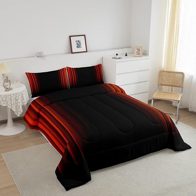 Geometric Abstract Ombre Comforter Set Kids Teens Orange Red and Black Striped Bedding Bed Set Decor Modern Fashion Comforter Inner Fill Bedroom Collection 3Pcs Queen Size