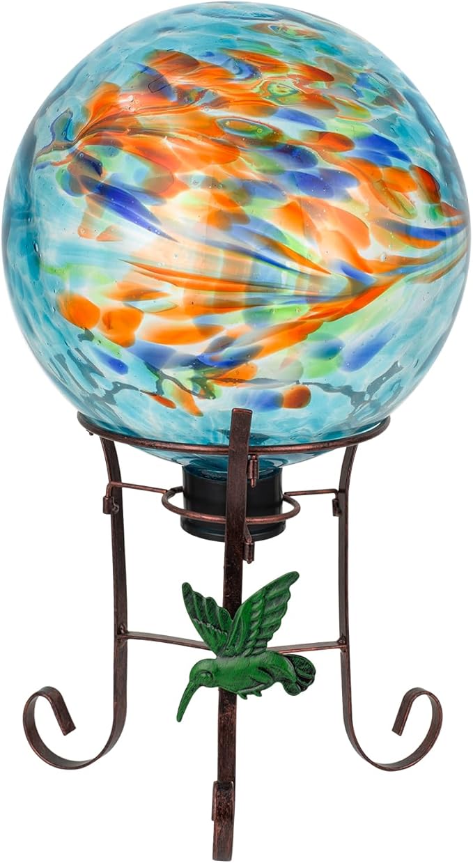 10 Inch Glass Gazing Ball, with 9.4" Tall Metal Gazing Globe Stand, Glass Balls Display Holder Set for Outdoor Garden Lawn Yard Decoration, Blue Artistic