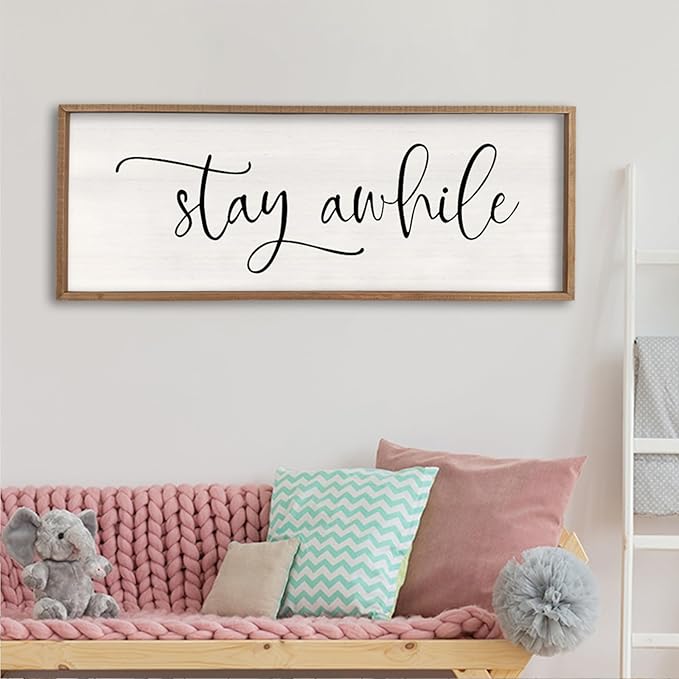 Stay Awhile Sign Wall Decor Sign 40"X15" Large Living Room Entryway Wood Framed Rustic Wall Decor for Vintage Farmhouse Foyer Hanging Lets Stay Home Wall Art (Wood)