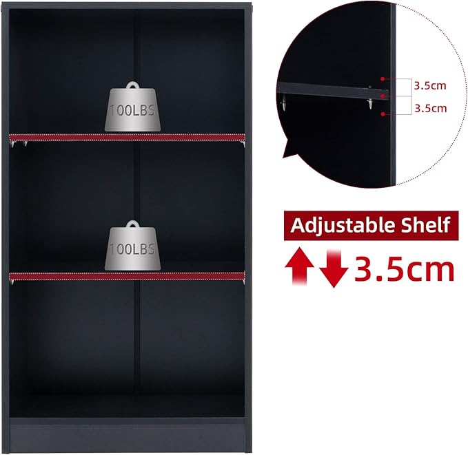 Sunon 3 Shelf Wood Bookcase Freestanding Display Shelf Adjustable Layers Bookshelf for Home Office Library Small Narrow Space (Black, 3-Layers)