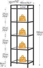 HOOBRO 5-Tier Bookcase, Metal Bookshelf, Tempered Glass Bookshelves, Slim Shelving Unit for Living Room, Narrow Bookshelf for Small Spaces, Storage Rack Display Shelf for Home Office, Black BK45SJ01