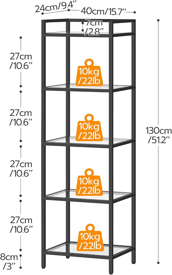 HOOBRO 5-Tier Bookcase, Metal Bookshelf, Tempered Glass Bookshelves, Slim Shelving Unit for Living Room, Narrow Bookshelf for Small Spaces, Storage Rack Display Shelf for Home Office, Black BK45SJ01
