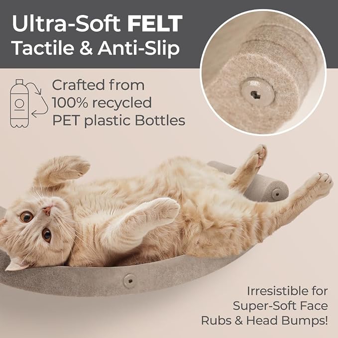 Wall Mounted Cat Shelves (Set of 4) by Pryde Pets - 100% Sustainable PET Felt Feline Enrichment Climber Furniture for Small & Large Indoor Cats, Modern Climbing Gym Jungle Design (Oatmeal)