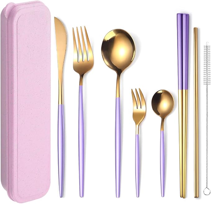 AARAINBOW 8 Pieces Stainless Steel Flatware Set Portable Reusable Cutlery Set Travel Utensils Set Including Chopsticks Knife Fork Spoon Straws Cleaning Brush Dishwasher Safe (Purple Golden)