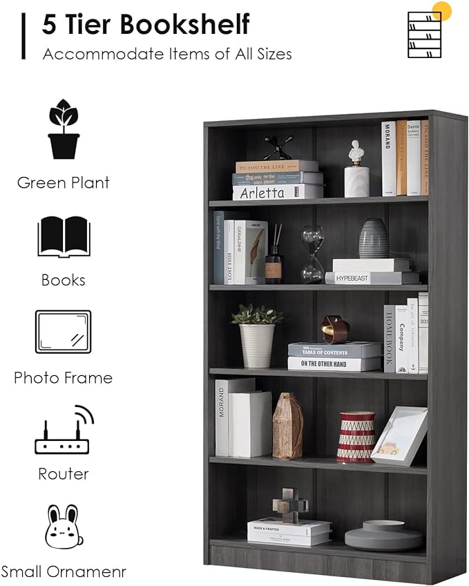 Farini Grey Bookshelf for Bedroom 5 Shelf Office Bookcase 60 Inches Tall Modern Wood Bookshelf for Living Room 5 Tier Wide Manga Bookshelf Library Bookcase