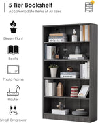 Farini Grey Bookshelf for Bedroom 5 Shelf Office Bookcase 60 Inches Tall Modern Wood Bookshelf for Living Room 5 Tier Wide Manga Bookshelf Library Bookcase