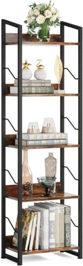 5 Tier Narrow Bookshelf: Tall Bookcase Book Shelf for Bedroom, Industrial Modern Bookshelves for Small Spaces (Rustic Brown)