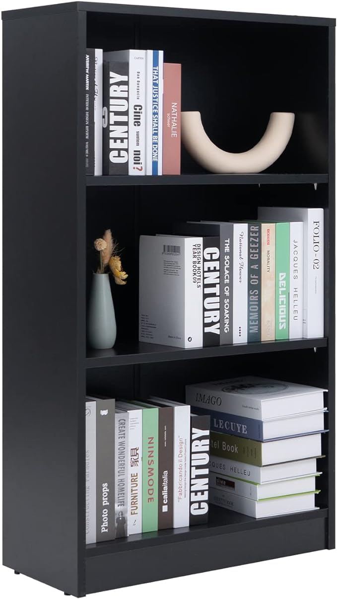 Sunon 3 Shelf Wood Bookcase Freestanding Display Shelf Adjustable Layers Bookshelf for Home Office Library Small Narrow Space (Black, 3-Layers)