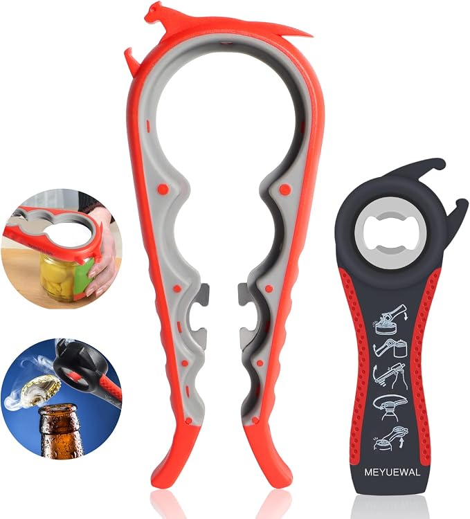 6 in 1 Lid Opener - Bottle, Jar, & Can Opener for Seniors with Arthritis or Weak Hands - Heavy Duty & Smooth Edge, Red