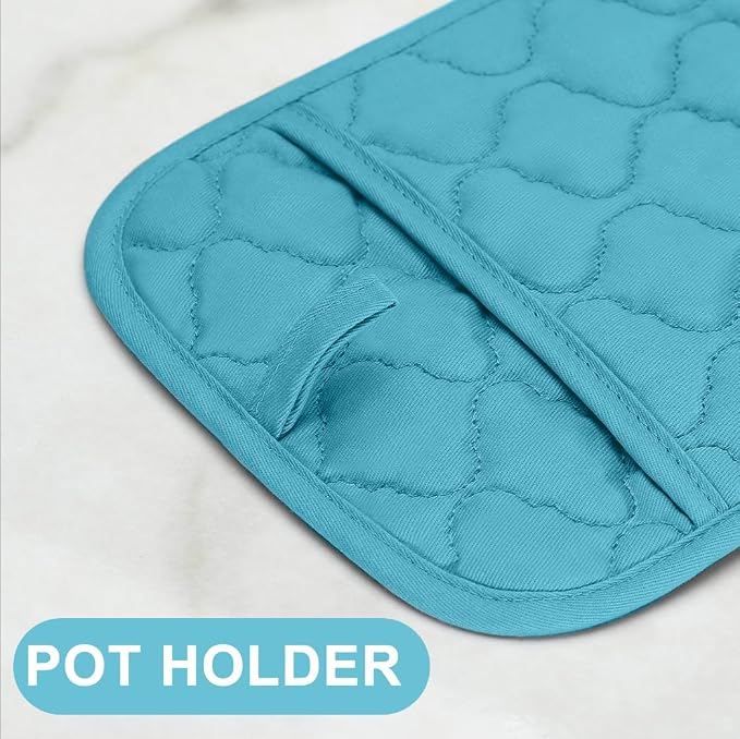 Oven Mitts Kitchen Towels and Dishcloths Pot Holders Sets, Oven Gloves Kitchen Dish Towels 500 Degree Heat Resistant Potholders with Non-Slip Silicone Surface for Cooking, Grilling, Baking-Blue