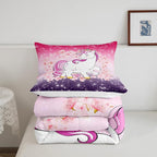 Unicorn Comforter Set Full Glitter Bedding Set Cherry Blossoms Duvet Insert Kids Cartoon Kawaii Animal Down Comforter Ombre Galaxy Stars Fantasy Girls Room Decor Quilt Set Aesthetic Pink Purple