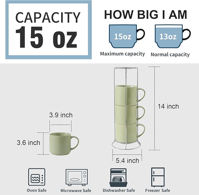 HASENSE Coffee Mugs Set with rack, 15 Ounce Porcelain Stackable Large Coffee Cups Set of 4 with handle for Drinks Like Tea, Cappuccino, Milk, Mocha and Cereal, Microwave & Dishwasher Safe, Green