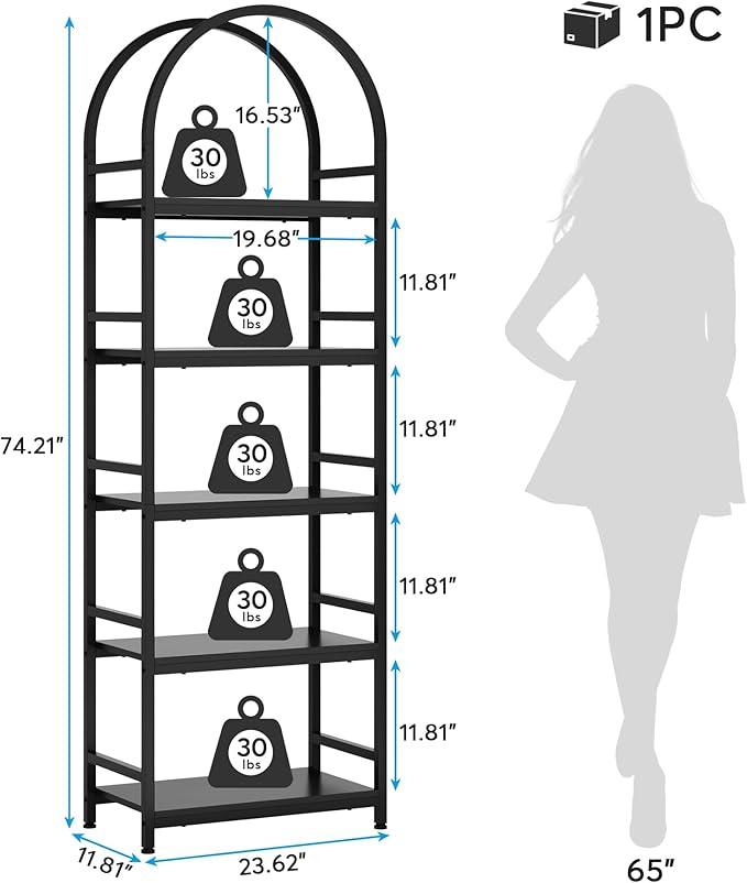 Tribesigns 5-Tier Open Bookshelf, 74.4" Wood Bookcase Storage Shelves with Metal Frame, Freestanding Display Rack Tall Shelving Unit for Office, Bedroom, Living Room, Easy Assembly(Black, 1PC)