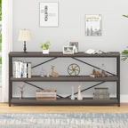 IBF Wood and Metal Book Shelf, Industrial Rustic Low 3 Tier Bookshelf, Farmhouse Long Wide Vintage Horizontal Bookcase, Modern Large Open Etagere for Home Office Living Room Bedroom, Gray Oak, 63 Inch