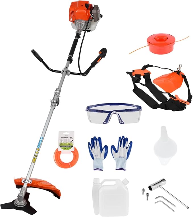 52cc 2-Stroke Gas Weed Wacker with 1.2L Fuel Tank, 2.2KW/8500RPM Weed Eater with Multi Accessories and Sharp Blade, Grass Trimmer for Villa, Garden, Community, Lawn, Park (Red 2)