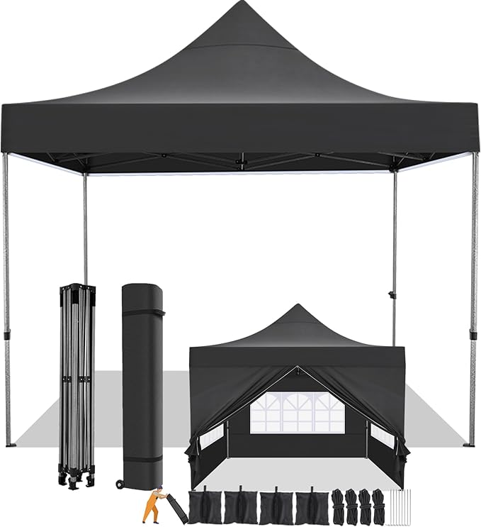 COBIZI 10x10 Pop Up Canopy with 4 Sidewall,Heavy Duty Canopy UPF 50+ All Season Wind Waterproof Commercial Outdoor Wedding Party Tents for Parties Canopy Gazebo with Roller Bag (10 x 10 ft Black)