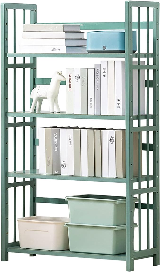 IOTXY Adjustable Bamboo Open Bookshelf - Medium 4-Tier Free Standing Storage Rack, Multifunctional Display Stand for Home and Office, Bookcase, Light Green