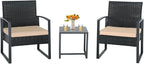 3 Pieces Patio Furniture Set, Outdoor Patio Set, Patio Bistro Set, All-Weather Wicker Conversation Set with Cushions Table for Porch Backyard (Black-Brown)