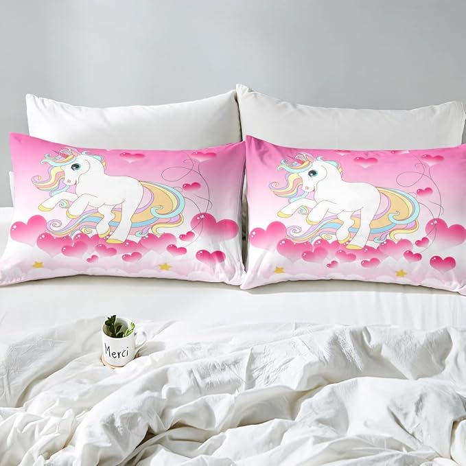 Girls Unicorn Comforter Set King Girly Fantasy Rainbow Unicorn Bedding Set for Kids Little Girls, Pink Love Heart Duvet Sets Dreamy Horse Cartoon Magical Animal Down Comforter with 2 Pillowcases