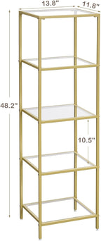 5-Tier Bookshelf,Metal Bookcase,Tempered Glass Shelves,Storage Rack Shelf for Home Office,Living Room,Bedroom, Bathroom,Modern Style,Golden