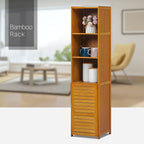 MoNiBloom 5 Tiers Bookshelf Bookcase with Door, Bamboo Narrow Freestanding Cabinet Kitchen Shelf Cupboard Storage Organizer for Home Living Room, Brown