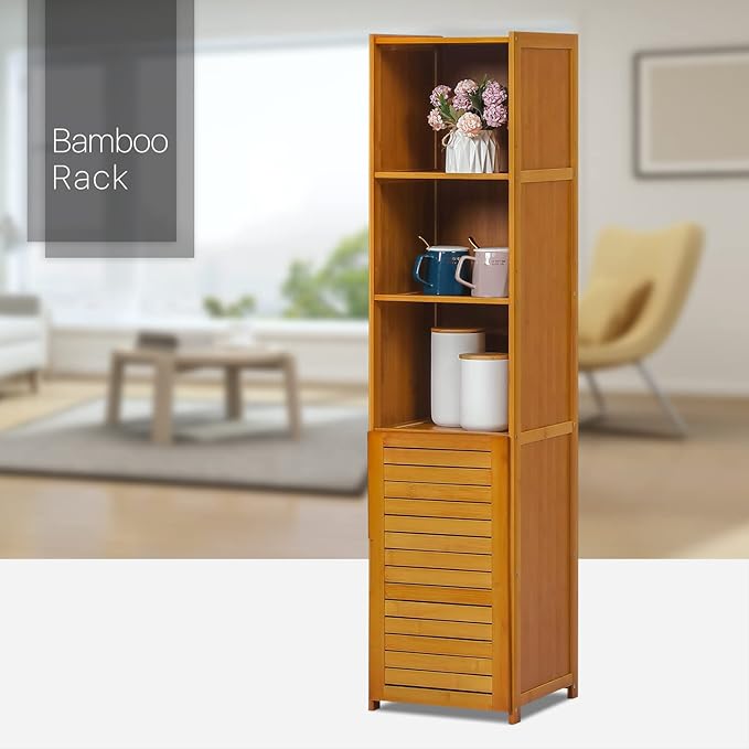 MoNiBloom 5 Tiers Bookshelf Bookcase with Door, Bamboo Narrow Freestanding Cabinet Kitchen Shelf Cupboard Storage Organizer for Home Living Room, Brown