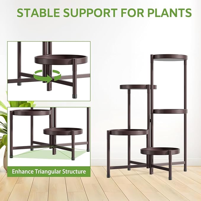 iDavosic.ly 5 Tier Large Plant Stand Indoor, 10 Inch Wide Tall Corner Metal Plant Stands Outdoor for Multiple Plants, Folding Tiered Flower Display Holder Rack Shelf, Violet Bronze
