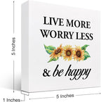 Live More Worry Less and Be Happy Sunflower Wood Block Sign Desk Decor,Rustic Inspirational Wooden Box Plaque Sign Desk Decor for Home Bedroom Living Room Office Shelf Table Decorations