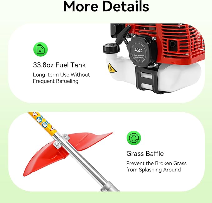 Gas Weed Eater, 43CC 2-Stroke Engine Weed Trimmer Brush Cutter Lawn Edge 8500RPM Air-Cooled Multi Functional Gas Powered String Trimmer for Agriculture Forestry & Landscaping