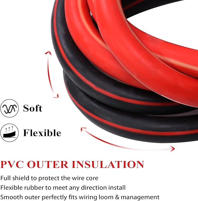 2 Gauge Battery Welding Cable, 12 Feet Black and 12 Feet Red CCA Wire with M8 & M10 SC Connector Lugs Shrinkable Tubing and Braided Sleeve for Car, Camper, RV, Solar Low Voltage Wiring