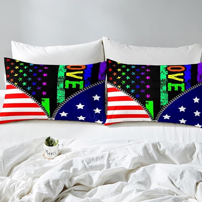 Erosebridal American Flag Comforter Set Rainbow Pride Down Comforter King Size for Teens Adult Women Bedroom,USA Federations Stars Stripes Bedding Set Kids Unique Zipper Design Duvet Sets, Colorful