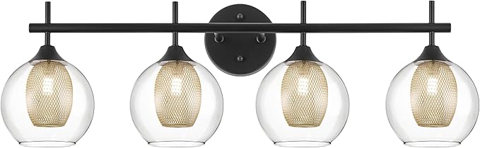 Bathroom Light Fixtures, 4-Light Black and Gold Vanity Lights Over Mirror, 30inch Farmhouse Wall Sconce Lighting with Clear Glass and Honeycomb Metal Shade, AD-22001-4W-BK