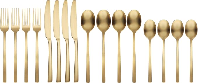Cambridge Silverware Set, Beacon Gold Satin 16-Piece Flatware Set, Service For 4, 18/0 Stainless Steel, Dishwasher Safe, Flatware Cutlery Sets, Utensils, Knives Spoons and Forks (Gold, 16 Pieces)