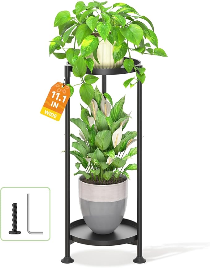 LASZOLA 2 Tier Black Plant Stand Indoor for Large Tall Heavy Duty Flower Planter, Metal Vertical Multi Level Rack for Narrow Floor Corner, Sturdy Round Holder Organizer, Modern, Mid Century, Farmhouse