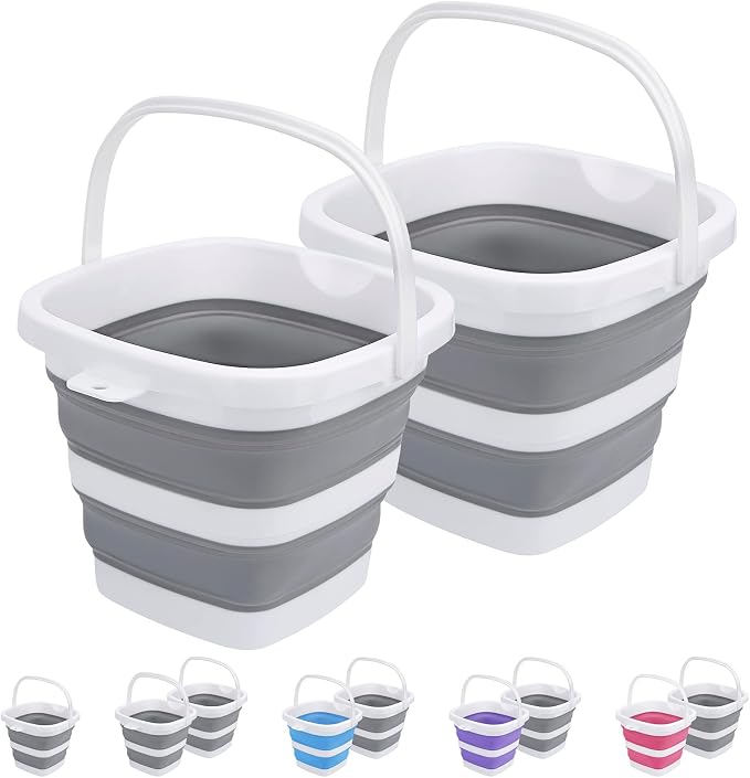 2 Pack Collapsible Buckets 5L 1.3Gallon Small Cleaning Bucket for Household Portable Plastic Bucket Outdoor Car Washing Tub Foldable Camping Beach Sand Water Pot Pail Space Saving Square Grey