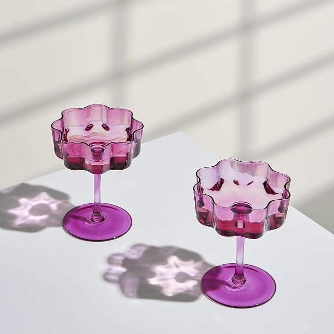 Khen Flower Vintage Wavy Glass Coupes Martini, Champagne & Cocktail Coupes - Set of 2-7oz Colorful Cocktail Glasses & Champagne, Prosecco, Mimosa Glassware Copyright Design - Amethyst Purple
