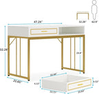 47’’ Computer Desk with 2 Drawers, White Gold Writing Desk Make Up Vanity Table