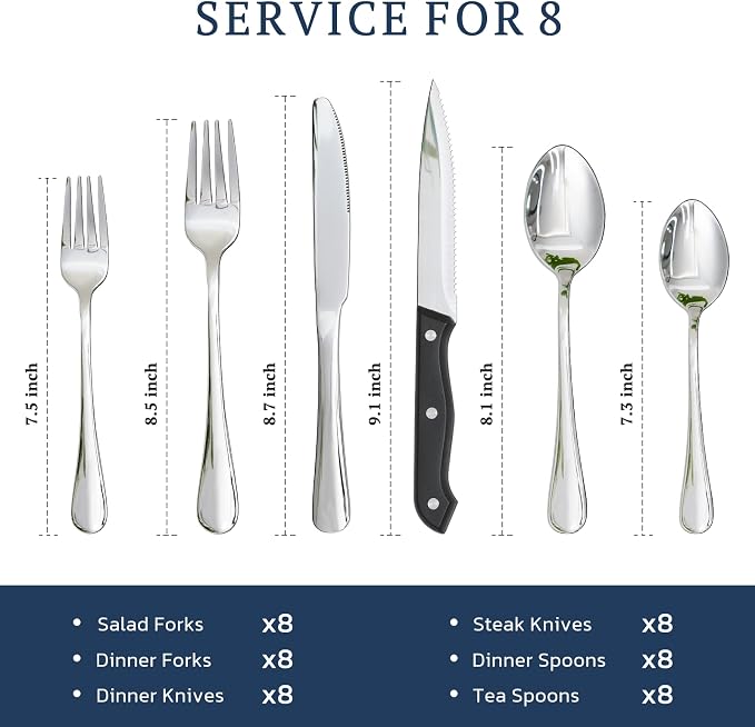 Astercook Silverware Set 48-Piece Flatware with Steak Knives Food-Grade Stainless Steel Cutlery for 8 Mirror Polished Utensils Set Include Spoons and Forks for Home Kitchen Restaurant